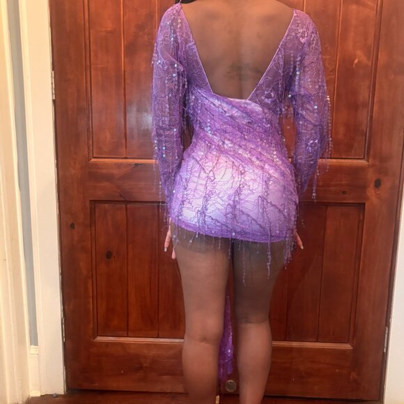 Christopher Esber Encassed Beaded Ivy Lace Long Sleeve Mini Dress Grape Sequin - Picture 5 of 5